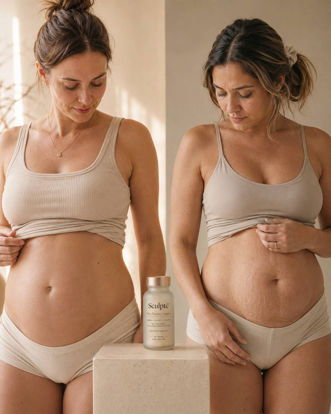 Two women showing postpartum body skin with Sculpt&eacute; Skin Firming Complex