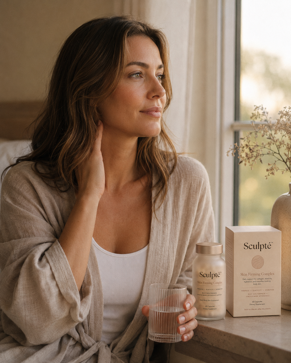 Woman by window holding water with Sculpt&eacute; Skin Firming Complex product